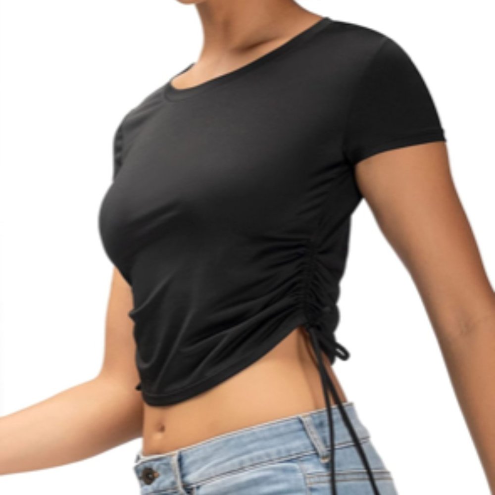 FITTIN Side Tie Drawstring Black Crop Top for Women XL